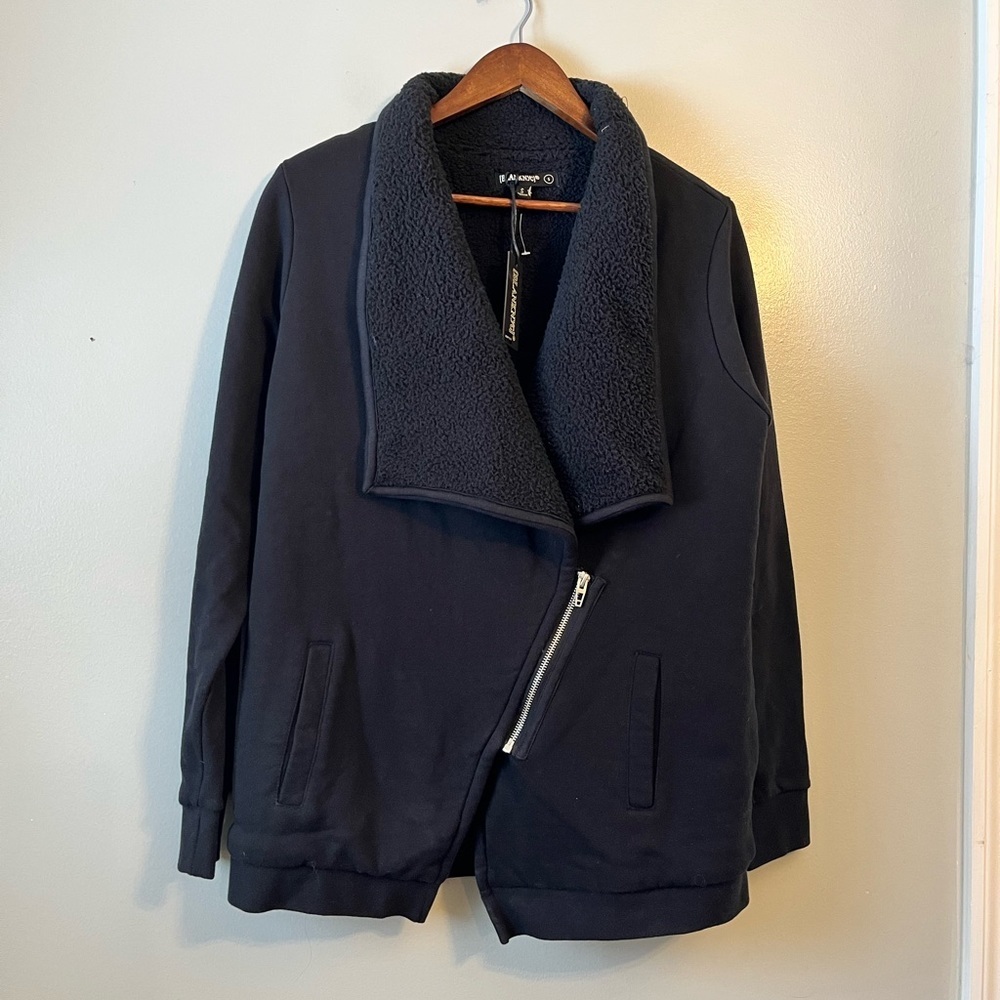 NWT BalnkNYC black sherpa lined cotton long sleeve moto zip sweatshirt small